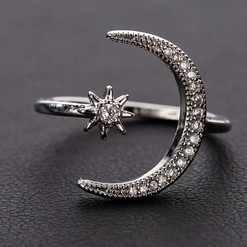 Celestial Crescent Moon Star Silver Tone Crystal Adjustable Ring NWT